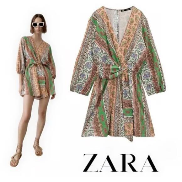 Zara Bohemian Belted Romper with Pink and Green Large 2129 - Picture 1 of 5